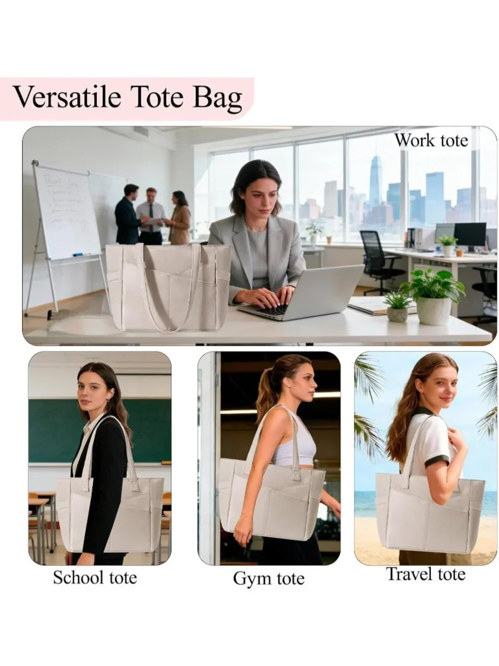 👜Women's Khaki Nylon Large Tote Bag With Zipper 15.6 Laptop Sleeve Work Bag